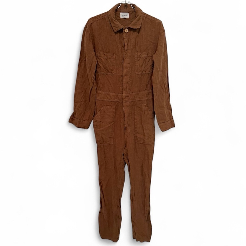 MATE the Label Long Sleeve Linen Jumpsuit Boilersuit Light Brown Sz XS Relaxed - Picture 2 of 16